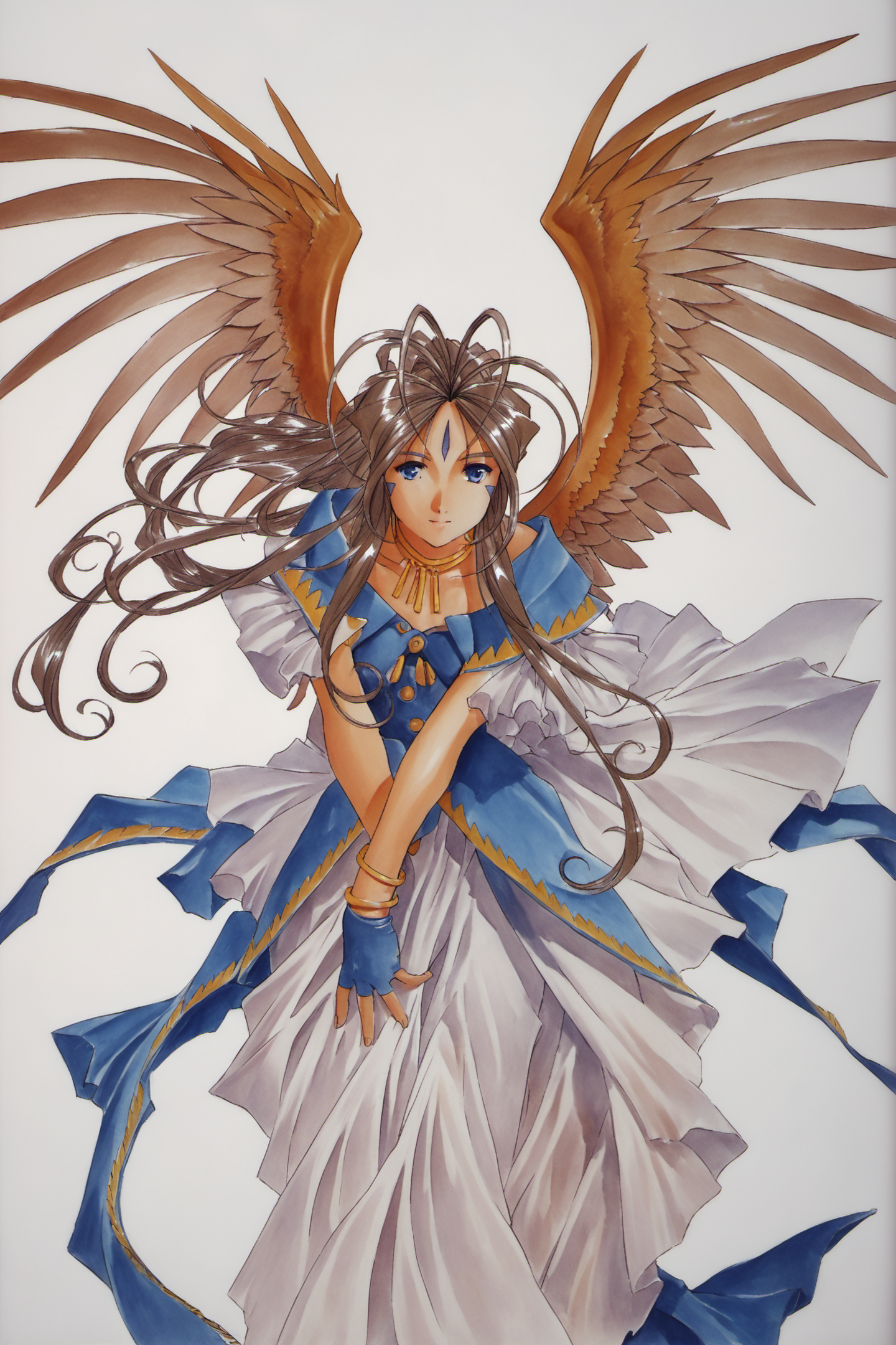 27351-4053988477-Belldandy,1girl,solo,long hair,jewelry,wings,brown hair,facial mark,gloves,forehead mark,bracelet,fingerless gloves,blue eyes,dr.png